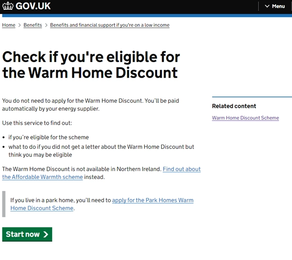 Warm Home Discount Eligibility on UK government website