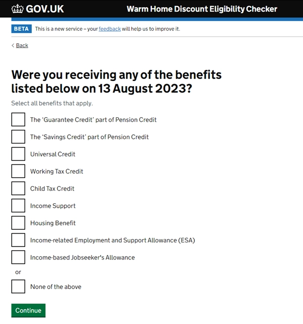 Were you receiving any of the benefits listed below on 13 August 2023? Question on the UK government website